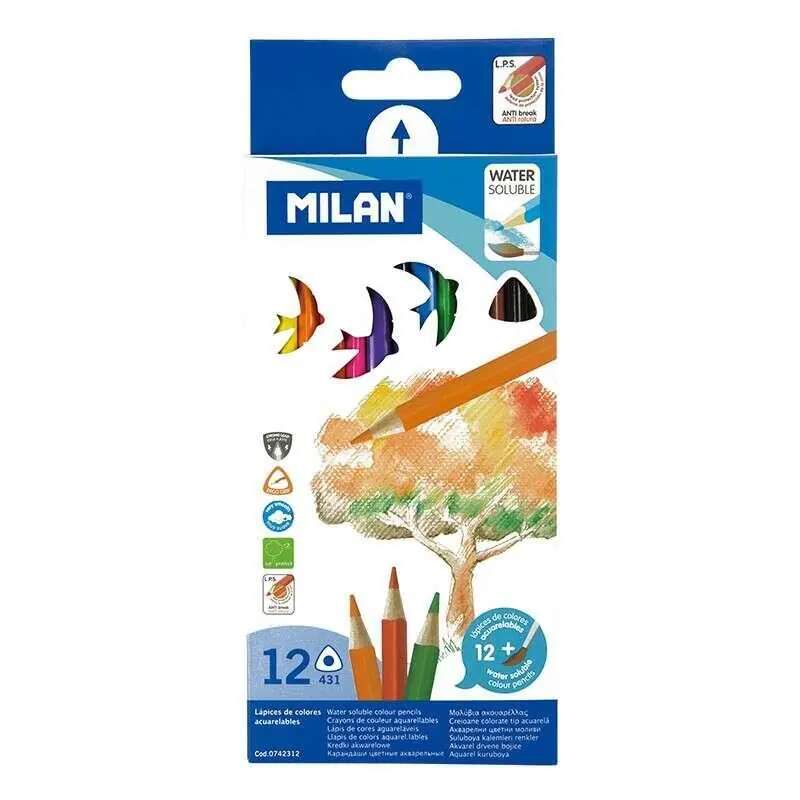 Milan Pack De 12 Lapices Triangulares De Colores Acuarelables + Pincel - Mina 2.9mm - Trazo Uniforme - Resistente A La Pago Seguro