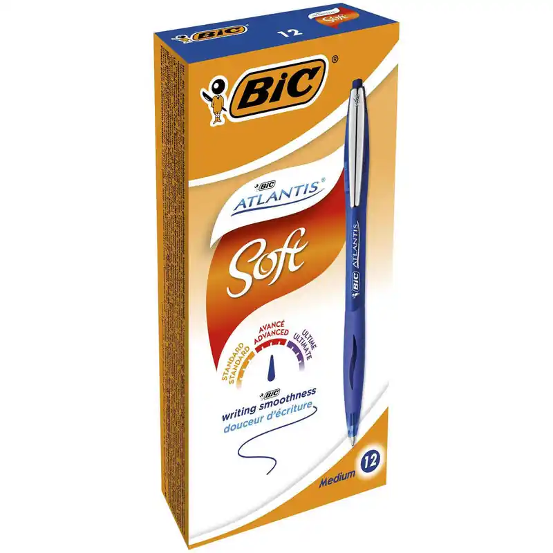 Garantía De Devolución De Dinero Bic Bolígrafo Retráctil Atlantis Soft Punta Media Azul Caja 12u
