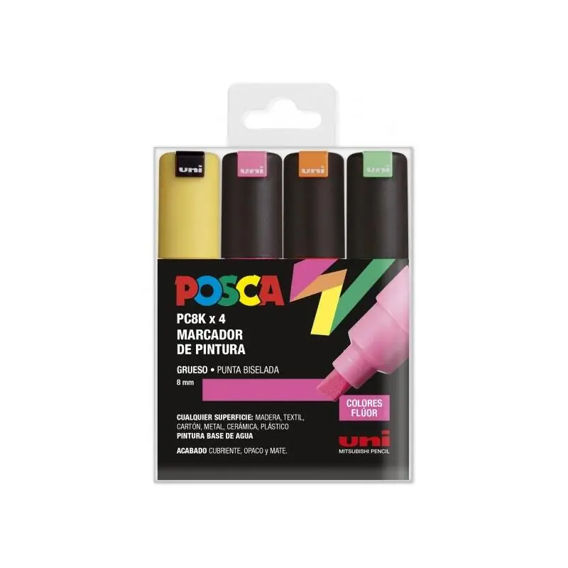 Bestseller Posca Pc-8k Estuche De 4 Marcadores De Pintura - Punta Biselada Acrilica 8mm - Tinta Base Al Agua - Resistente A La Luz