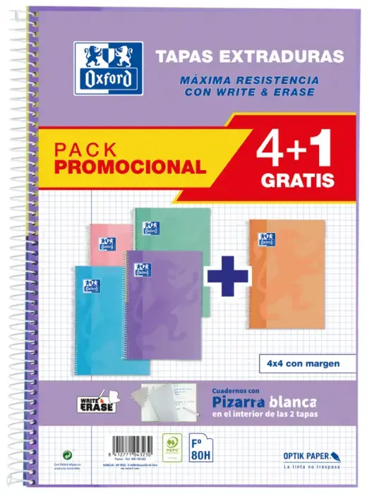 Exclusivo PACK 4+1 BLOC Fº 80H CUADROS 4MM TAPA EXTRA W&E PASTEL OXFORD
