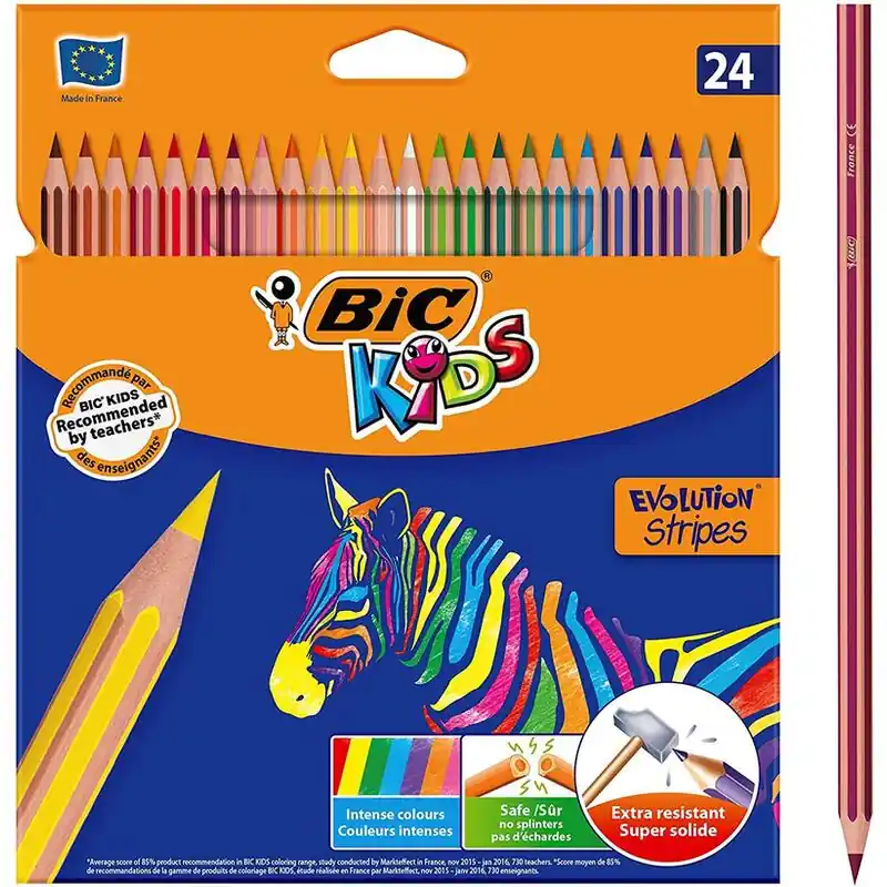 Bic Kids Evolution Stripes Caja De 24 Lapices De Colores Surtidos - Fabricados En Resina - Punta Ultraresistente - Mina Pigmenta Promoción Exclusiva