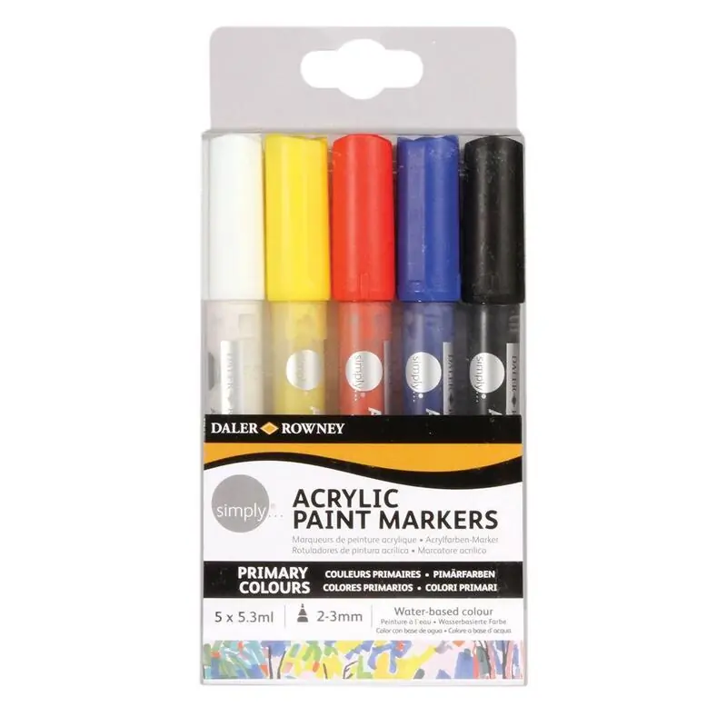 Original Daler Rowney Simply Pack De 5 Rotuladores Acrilicos - Secado Rapido - Base De Agua - Colores Surtidos