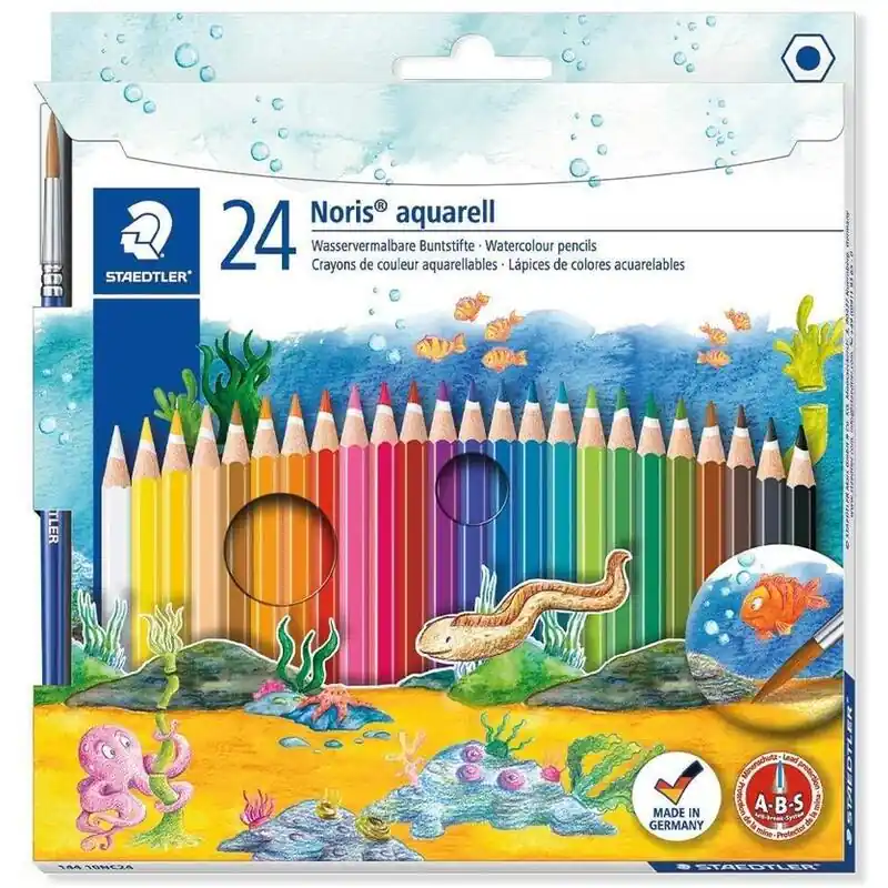 Solo Por Tiempo Limitado Staedtler Noris Aquarell Pack De 24 Lapices De Colores Hexagonales + Pincel - Madera De Bosques Sostenibles - Colores Surtidos