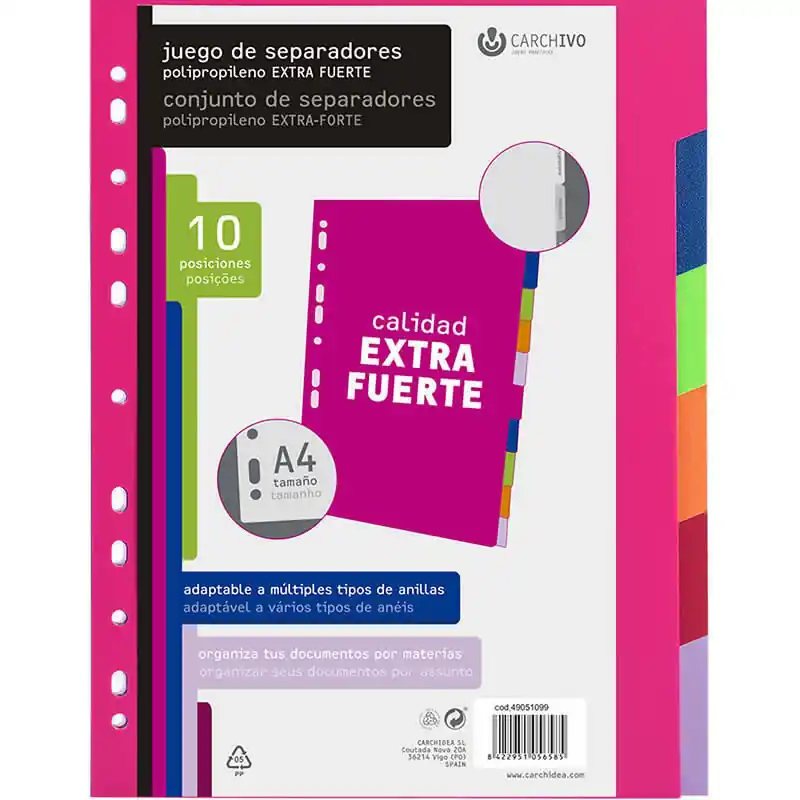Envío Inmediato Carchivo Separadores Juego 10 Posiciones a4 Pp Extra Fuerte Fashion C/Surtidos