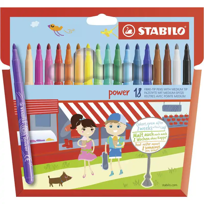 Stabilo Power Pack De 18 Rotuladores De Colores - Punta Media De 2mm - Tinta Lavable - Capuchon Ventilado - Colores Surtidos Favorito De Clientes
