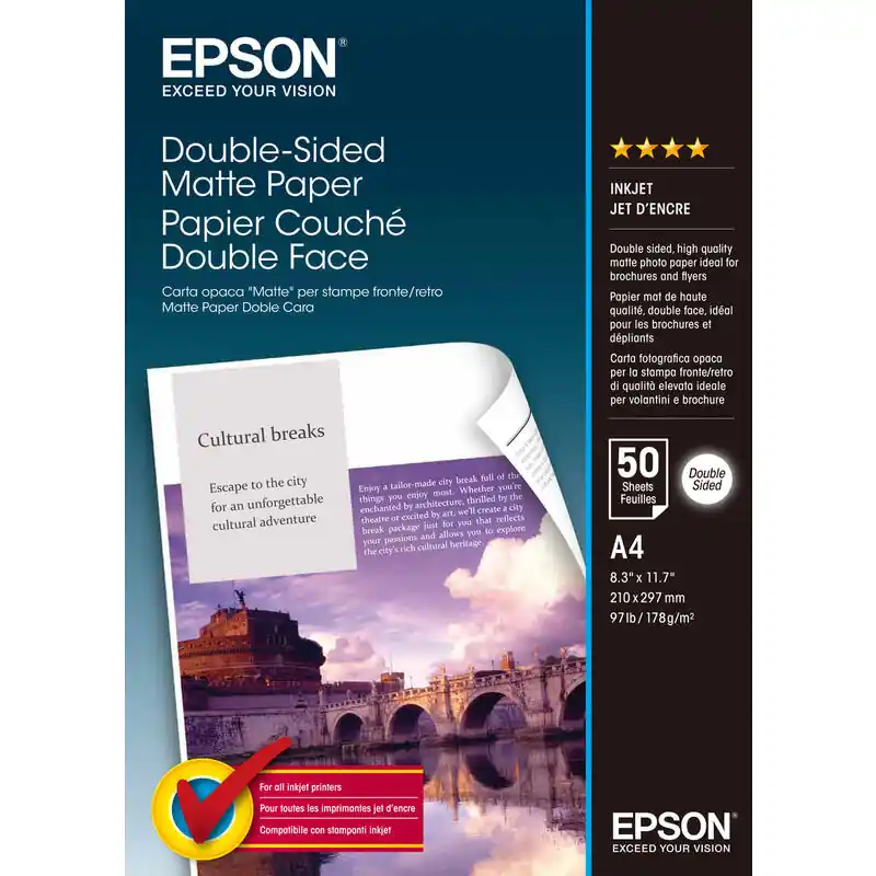 Papel Fotográfico Epson Double-Sided Matte C13S041569/ Din a4/ 178g/ 50 Hojas/ Mate Últimas Unidades