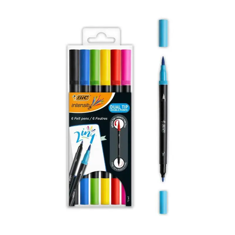 Bic Intensity Dual Tip Pack De 6 Rotuladores Doble Punta - Punta De Pincel + Punta Fina - Tinta Con Base De Agua - Colores Clasi Stock Limitado