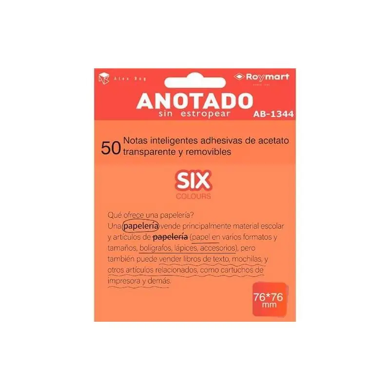 Garantía Incluida Roymart Bloc Notas Adhesivas Inteligentes Removibles Transparentes 50h 76X76Mm Acetato Naranja Flúor