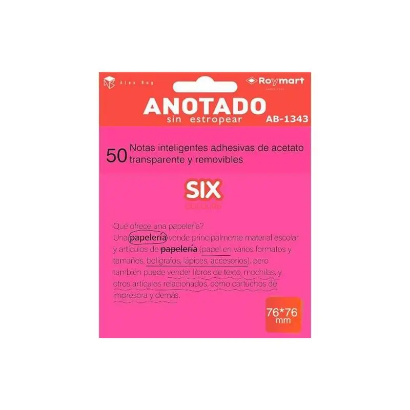 Máxima Calidad Roymart Bloc Notas Adhesivas Inteligentes Removibles Transparentes 50h 76X76Mm Acetato Rosa Flúor