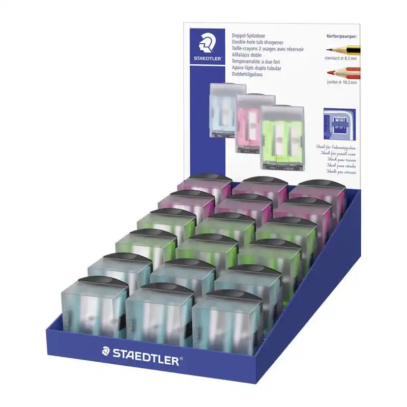 Staedtler Expositor Con 18 Sacapuntas De Plastico - 2 Agujeros - Angulo De Afilado 23° Y 30° - Colores Surtidos A Buen Precio
