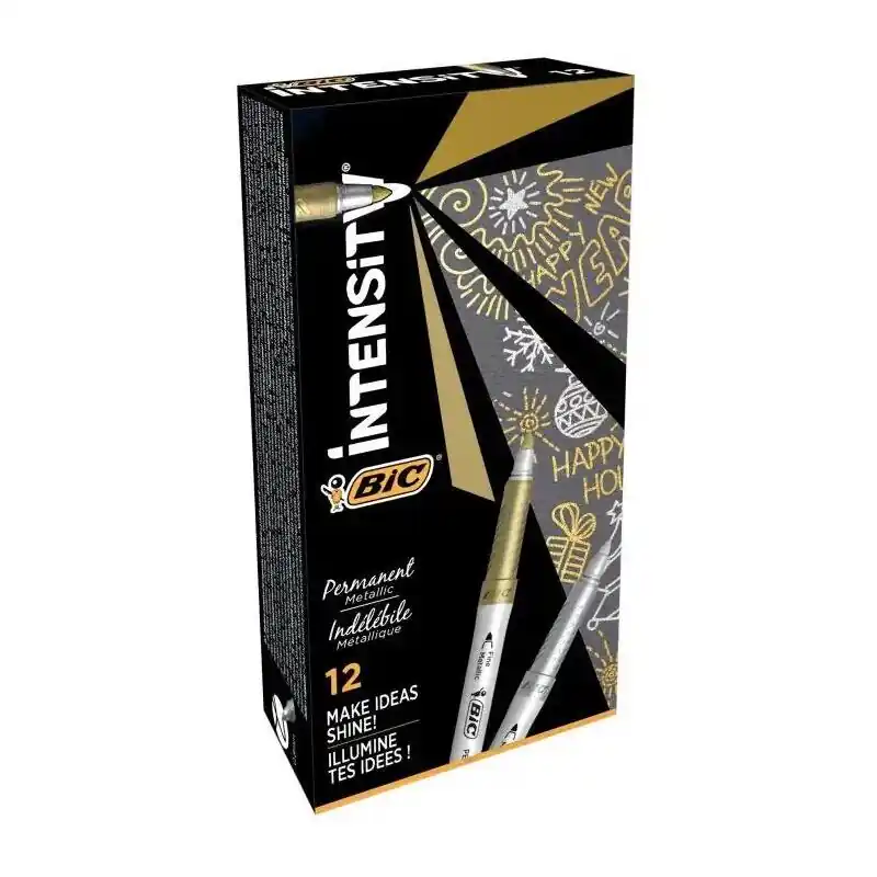 Devolución Gratuita Pack De 12 Unidades Bic Intensity Metallic Rotulador Permanente - Punta Media 1.8mm - Trazo 0.8mm - Grip Texturizado - Color Oro