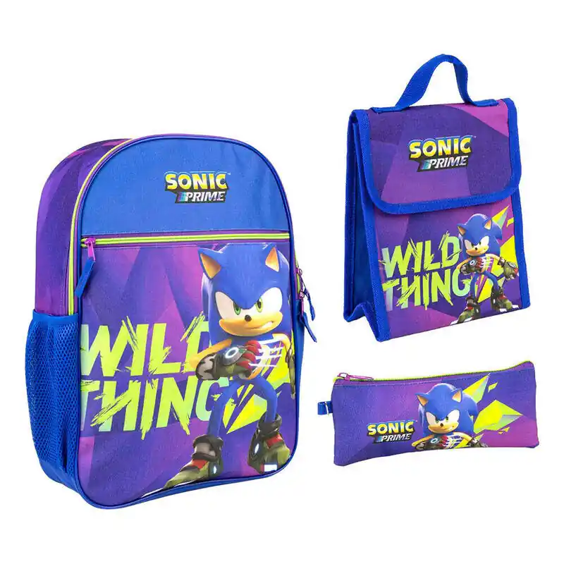 Mochila + Portatodo + Portamerienda Sonic Prime 42cm Mejor Calidad