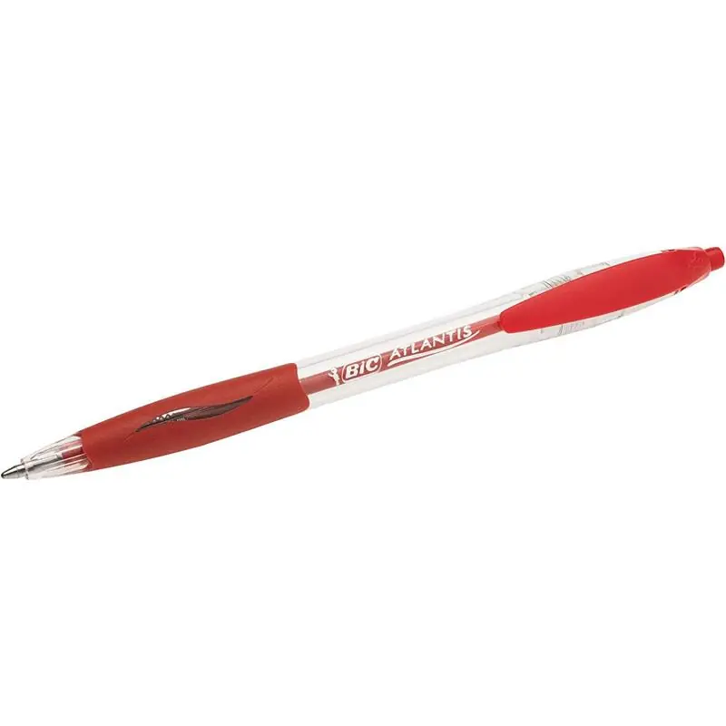 Artesanal Pack De 12 Unidades Bic Atlantis Classic Boligrafo Retractil - Punta De 1mm - Cuerpo Transparente Con Grip - Color Rojo