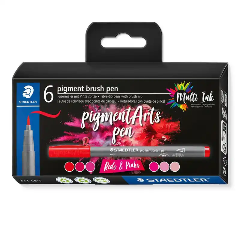 Staedtler 371 Pack De 6 Rotuladores Punta De Pincel Suave Multi Ink Colores Rojos/Rosas Surtidos Certificado