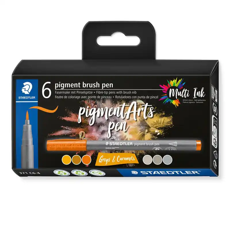 Staedtler 371 Pack De 6 Rotuladores Punta De Pincel Suave - Nueva Tinta Multi Ink - Pigmentos De Primera Calidad - Colores Grise Garantía Incluida