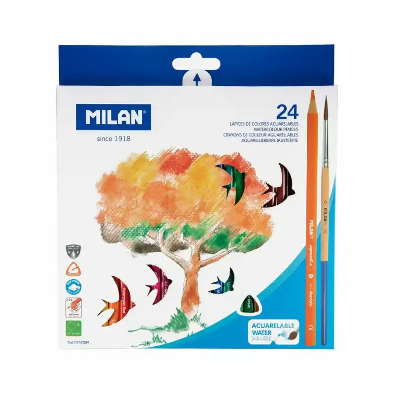 Milan Pack De 24 Lapices Triangulares Acuarelables + Pincel - Mina 2.9mm - Trazo Uniforme - Resistente A La Rotura - Colores Sur Oferta Limitada