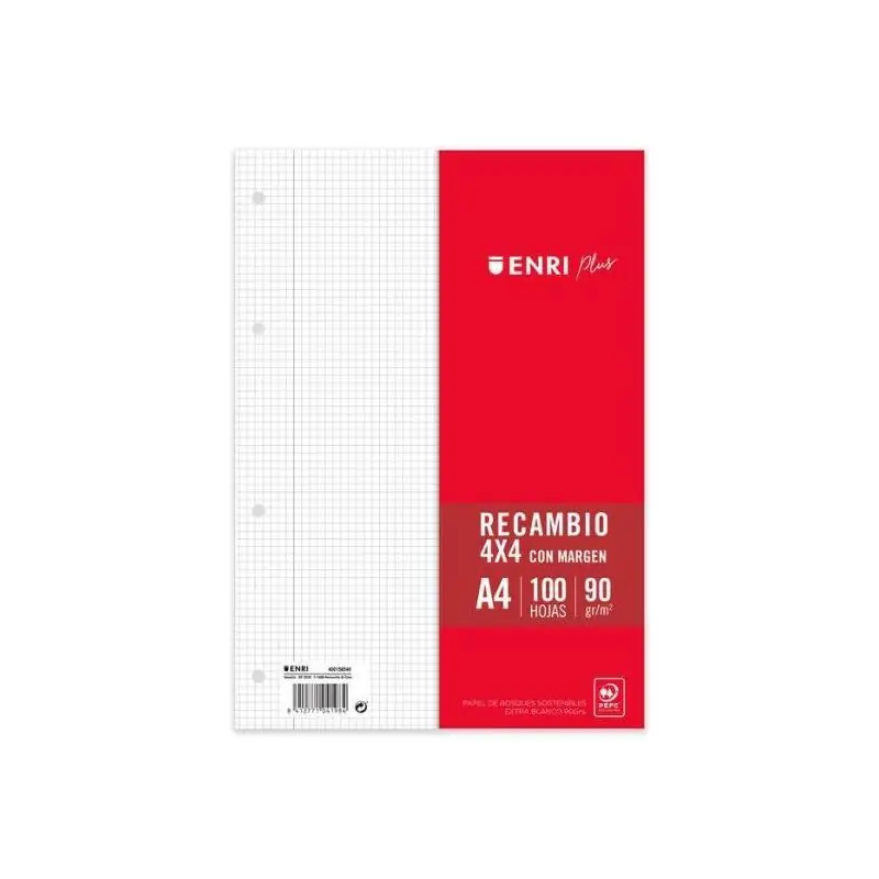 Enri Plus Recambio Formato a4 - Cuadriculado 4X4Mm 4 Taladros - 100 Hojas 90gr Con Margen Económico