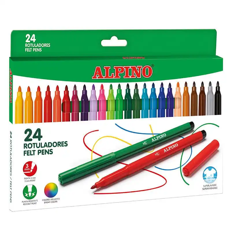 Entrega Rápida Alpino Pack De 24 Rotuladores Escolares - Punta Fina De 3mm - Superlavables Y Brillantes - Desarrolla La Creatividad - Colores S