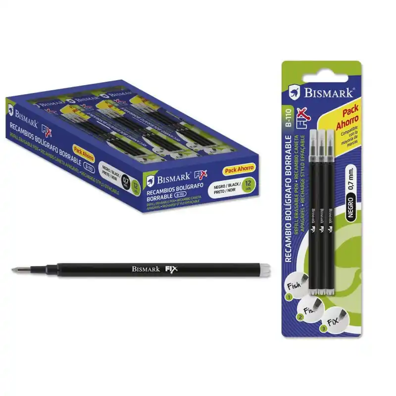 Bismark Fix Pack De 3 Recambios Para Boligrafo Borrable - Punta Fina 0.7mm - Color Negro Precio Reducido