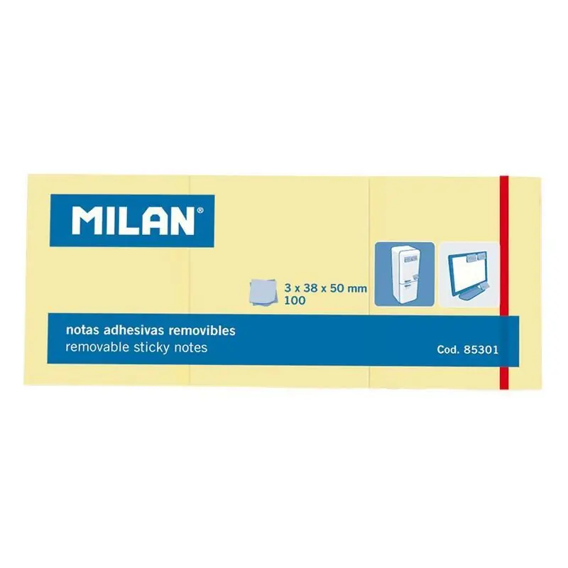Premium Milan Pack De 3 Blocs De 100 Notas Adhesivas - Removibles - 38mm X 50mm - Color Amarillo Claro
