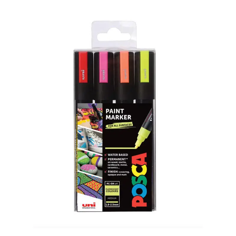 Posca Marcador Pc-5m/4c No Permanente 1.8mm-2.5mm Colores Surtidos Fluor -Estuche 4u- Solo Por Tiempo Limitado