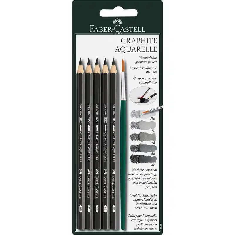 Faber Castell Set De 5 Lápices De Grafito Acuarelables + Pincel -Blister De 6 Piezas- Premium