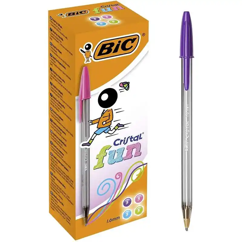 De Moda Pack De 20 Unidades Bic Cristal Fun Pack De 20 Boligrafos De Bola - Punta Redonda De 1.6mm - Trazo 0.42mm - Tinta Con Base De Ac