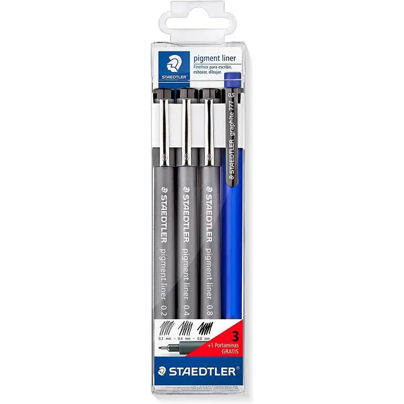 Staedtler Pigment Liner 308 Pack De 3 Rotuladores Calibrados + 1 Portaminas - Secado Rapido - Color Negro Promoción