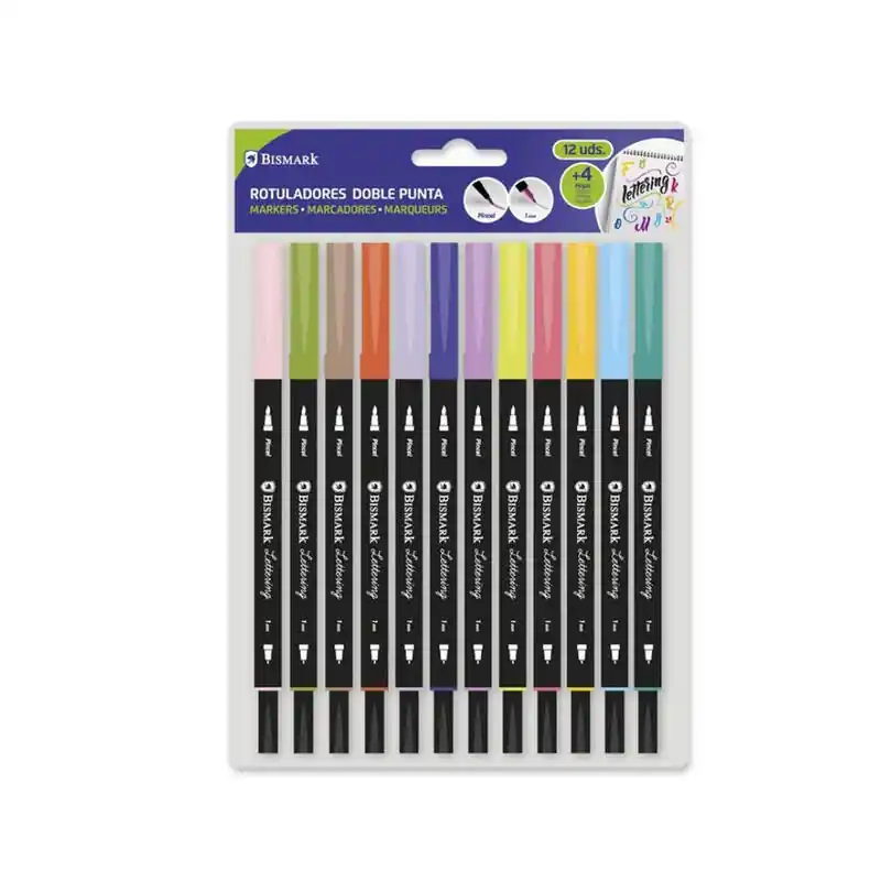 Bismark Set 12 Rotuladores Lettering Doble Punta Fina/Pincel C/Surtidos Última Versión