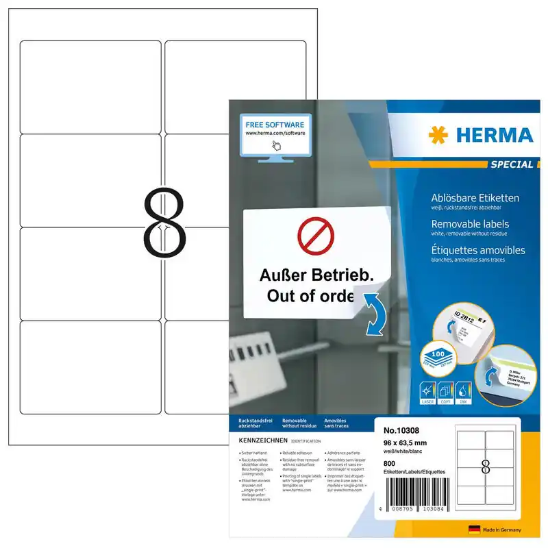 Herma Removable Labels 96X63,5 100 Sheets Din a4 800 Pcs. 10308 Etiquetas Ordena Ya