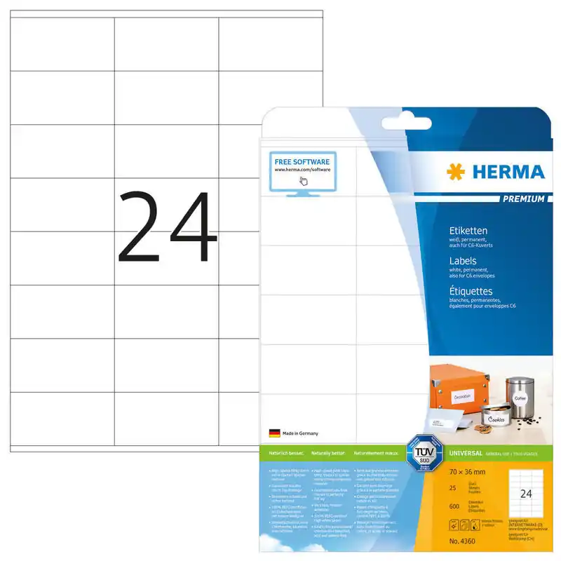 Original Herma Labels 70X36 25 Sheets Din a4 600 Pcs. 4360 Etiquetas
