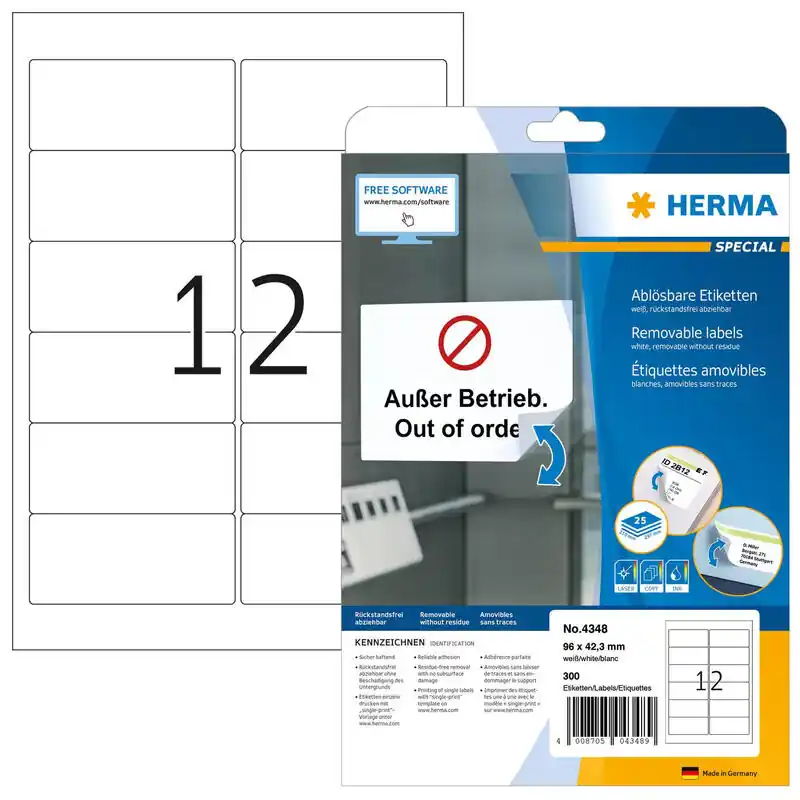 Últimas Unidades Herma Removable Labels 96X42,3 25 Sheets Din a4 300 Pcs. 4348 Etiquetas