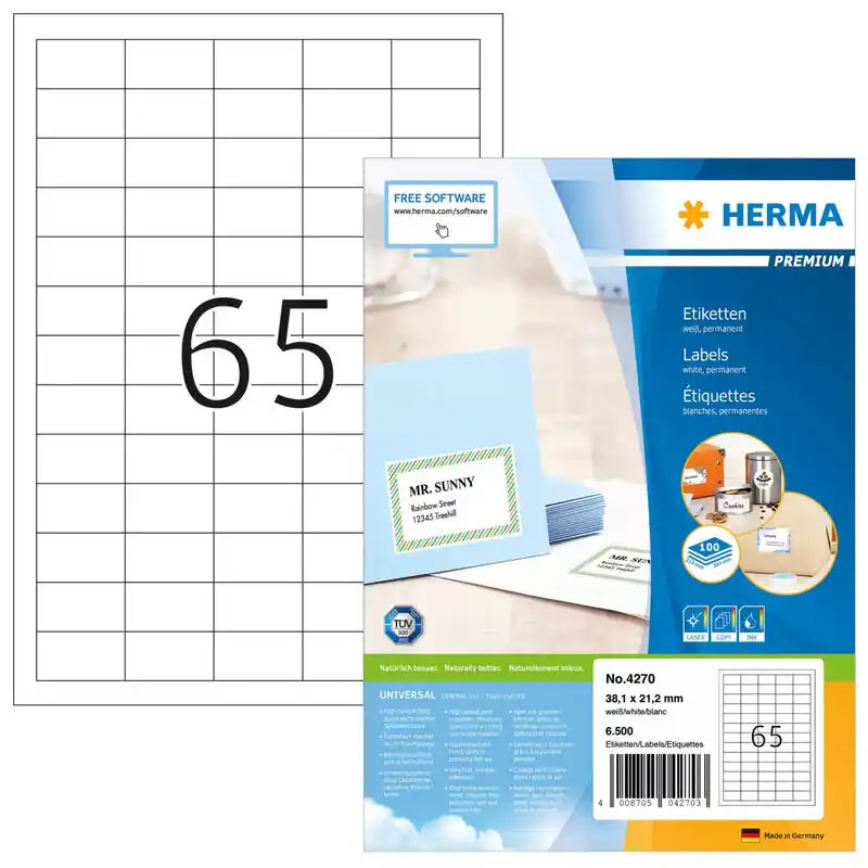 Herma Labels 38,1X21,2 100 Sheets Din a4 6500 Pcs. 4270 Etiquetas Novedad