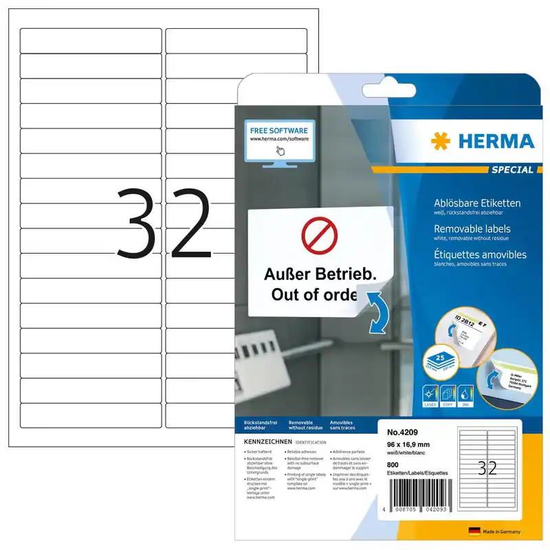 Envío Internacional Herma Removable Labels 96X16,9 25 Sheets Din a4 800 Pcs. 4209 Etiquetas