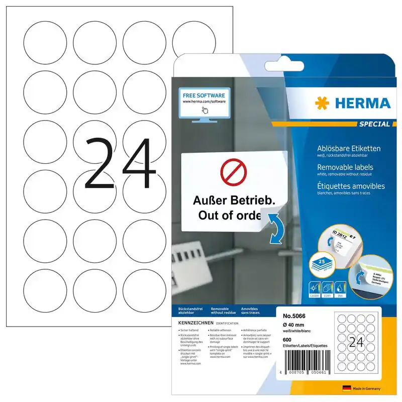 Herma Removable Round Labels 40 25 Sheets Din a4 600 Pcs. 5066 Etiquetas Garantía De Devolución De Dinero
