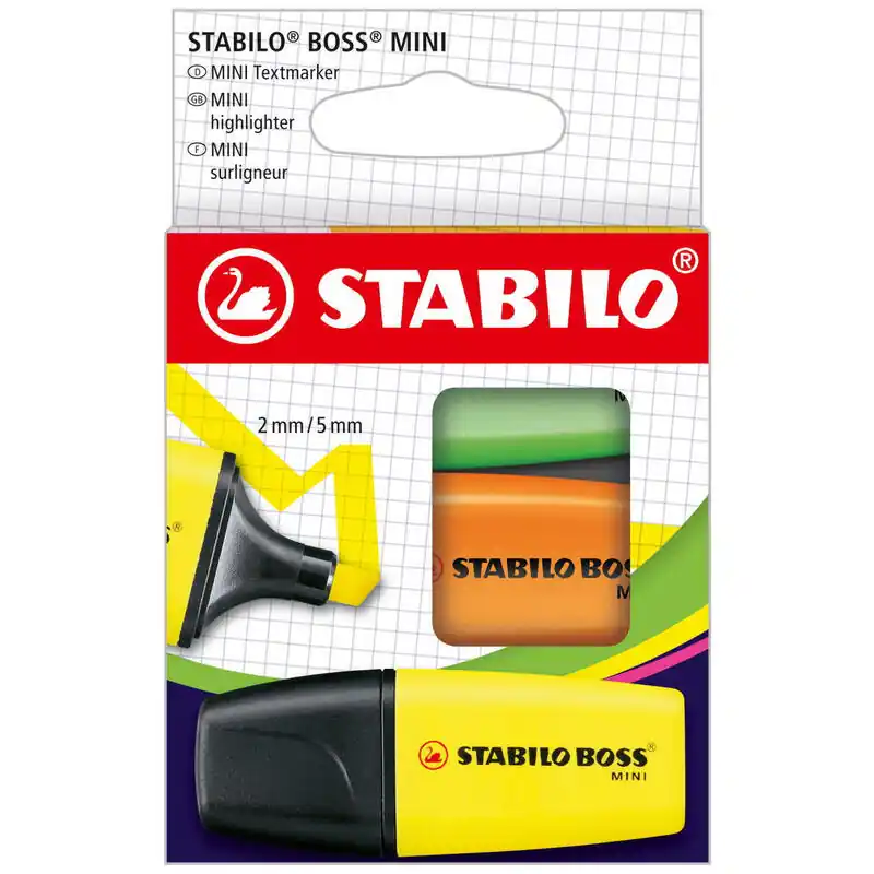 Artesanal Stabilo Boss Mini Pack De 3 Marcadores Fluorescentes - Trazo Entre 2 Y 5mm - Tinta Con Base De Agua - Antisecado - Colores Surti