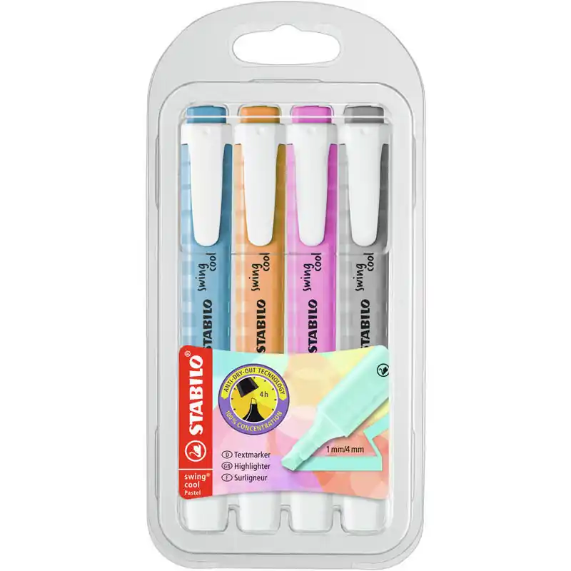 Stabilo Swing Cool Pastel Pack De 4 Marcadores Fluorescentes - Cuerpo Plano - Punta Biselada - Trazo Entre 1 Y 4mm - Tinta Con B Oferta