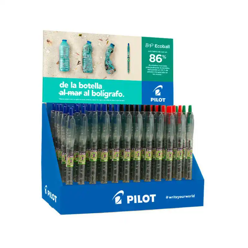 Pilot Expositor 60 Boligrafos De Bola Retractiles b2p Ecoball Begreen + 10 b2p Gel Begreen Promoción