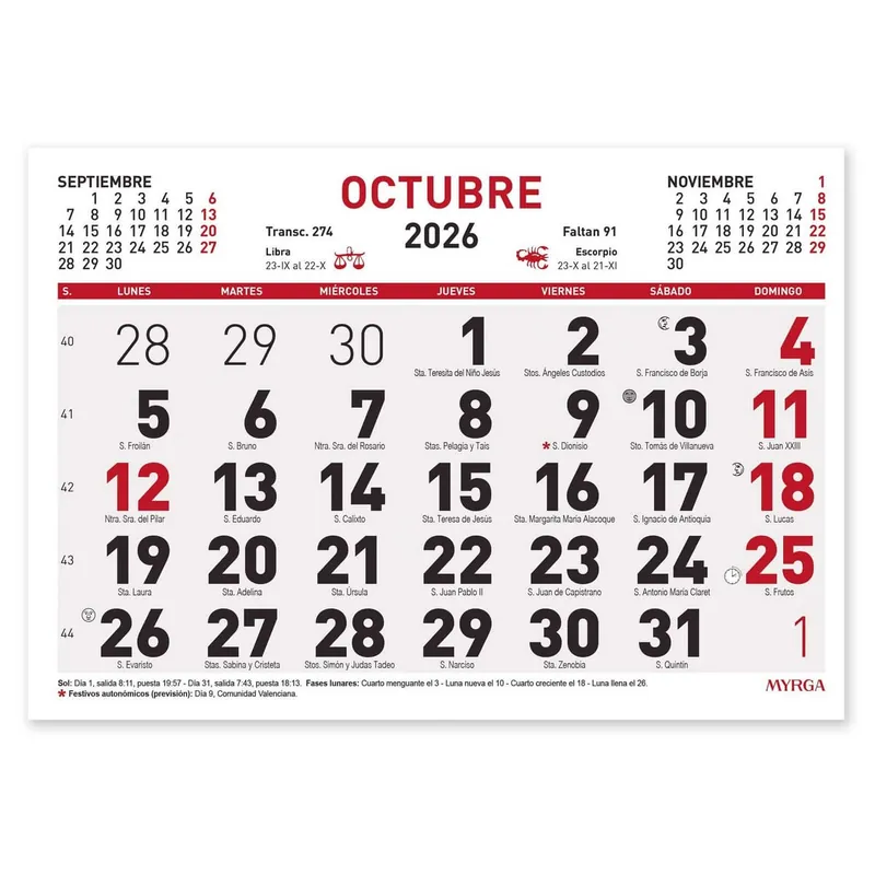 Oferta Limitada Calendario Faldilla MYRGA 2026, Mensual