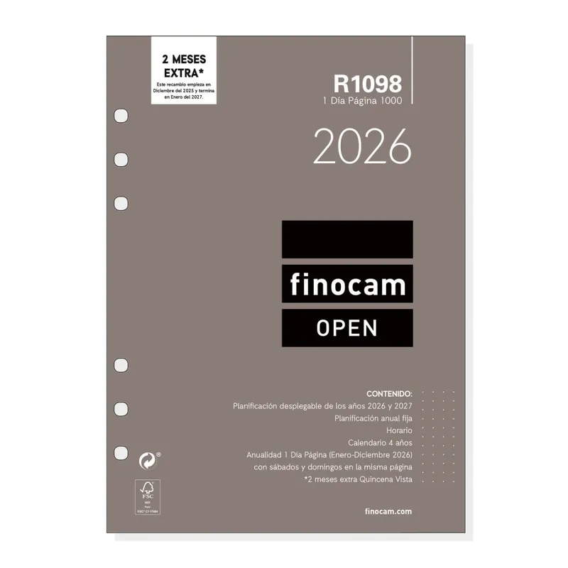 Recambio Agenda FINOCAM Anual Open 2026, R1098 1000 1D/P Precio Económico