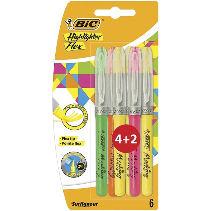 Marcadores Fluorescentes BIC Highlighter Flex, Pack 4+2 Artesanal
