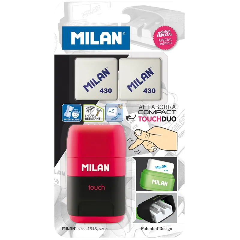 Entrega Rápida Afilaborras MILAN Compact Touch + 2 Gomas Recambio, Blister Colores Surtidos