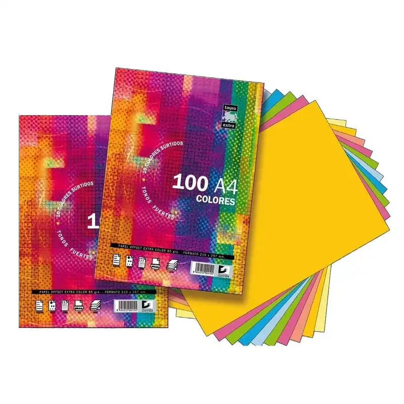 Alta Calidad Papel Color TAURO Extra 80 gr. Din-A4, Colores Surtidos Pack x100 Hojas