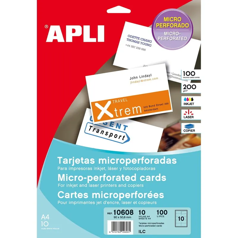 Tarjeta Visita APLI Microperforada Blanco Mate 90 x 50,8 mm, Pack x 100 Envío Internacional