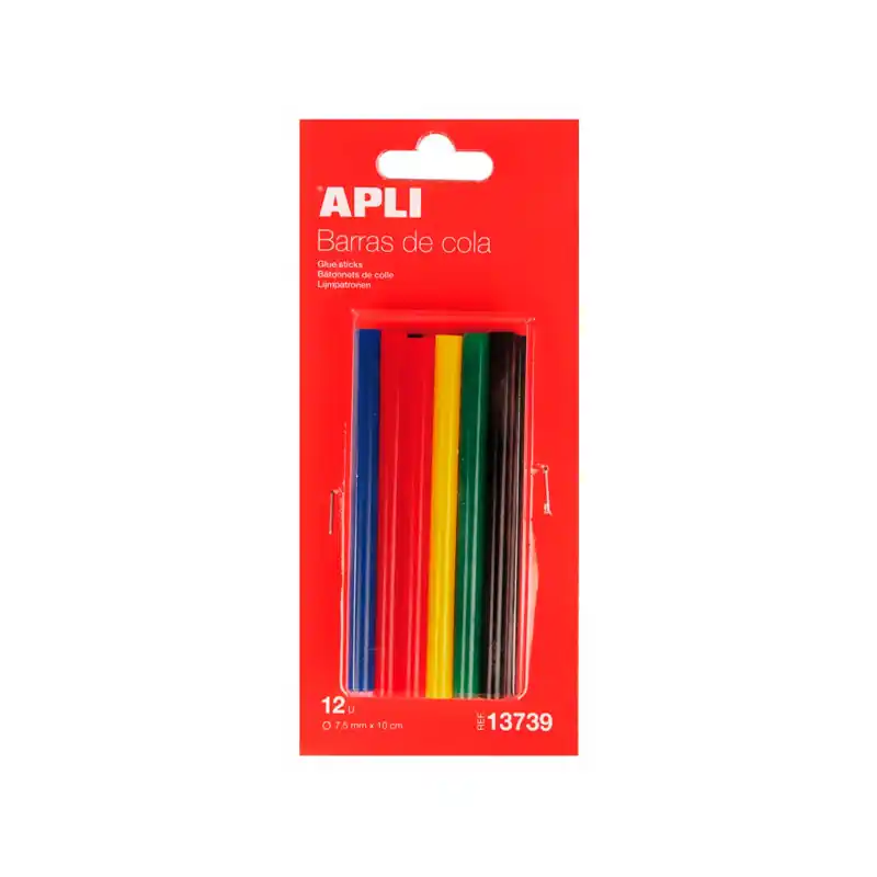 Popular Barras de silicona Apli 7,5 mm, formato estándar. Pack de 12 unidades para trabajos escolares y artesanales.