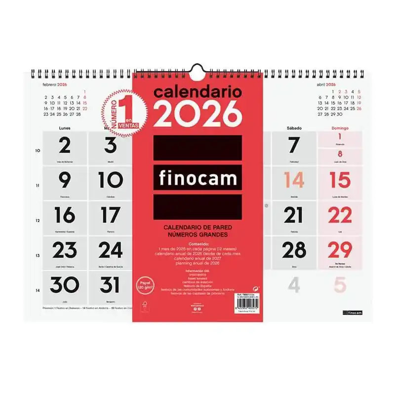 Oferta Especial CALENDARIO DE PARED 2026 FINOCAM "NEUTRO: Nº GRANDES L" CASTELLANO