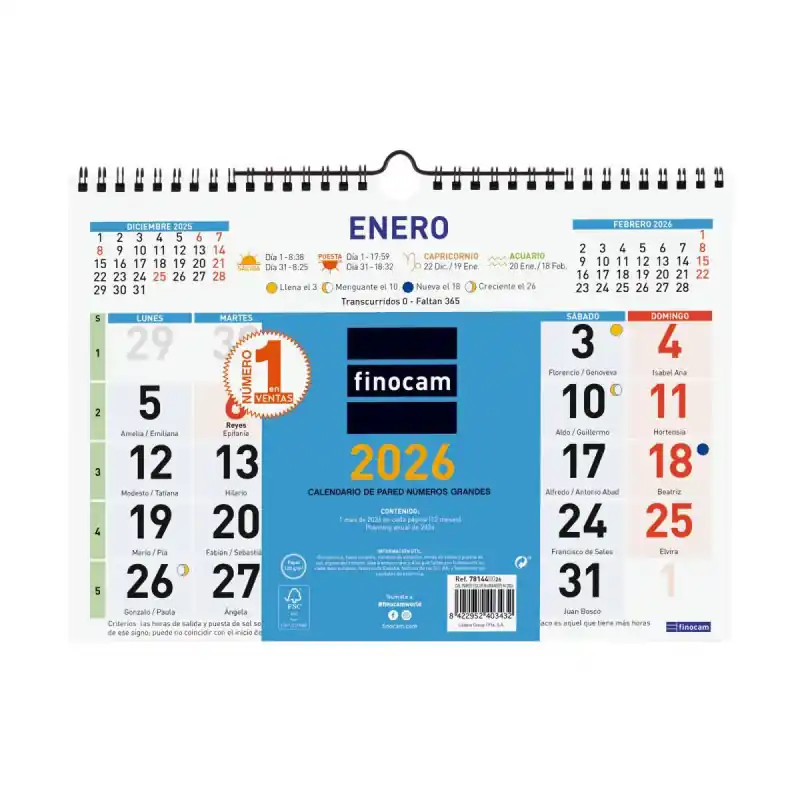 CALENDARIO DE PARED 2026 FINOCAM "COLOR: Nº GRANDES M" CASTELLANO Precio Bajo