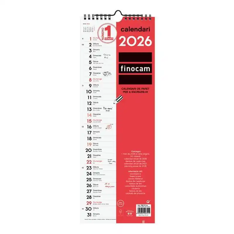 CALENDARIO DE PARED 2026 FINOCAM "NEUTRO: ESCRIBIR LARGO" CATALÁN Artesanal