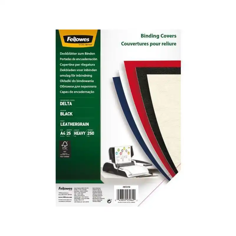 CAJA 25 PORTADAS FELLOWES SÍMIL PIEL DELTA CUERO A4 - Negro Ocasión Especial