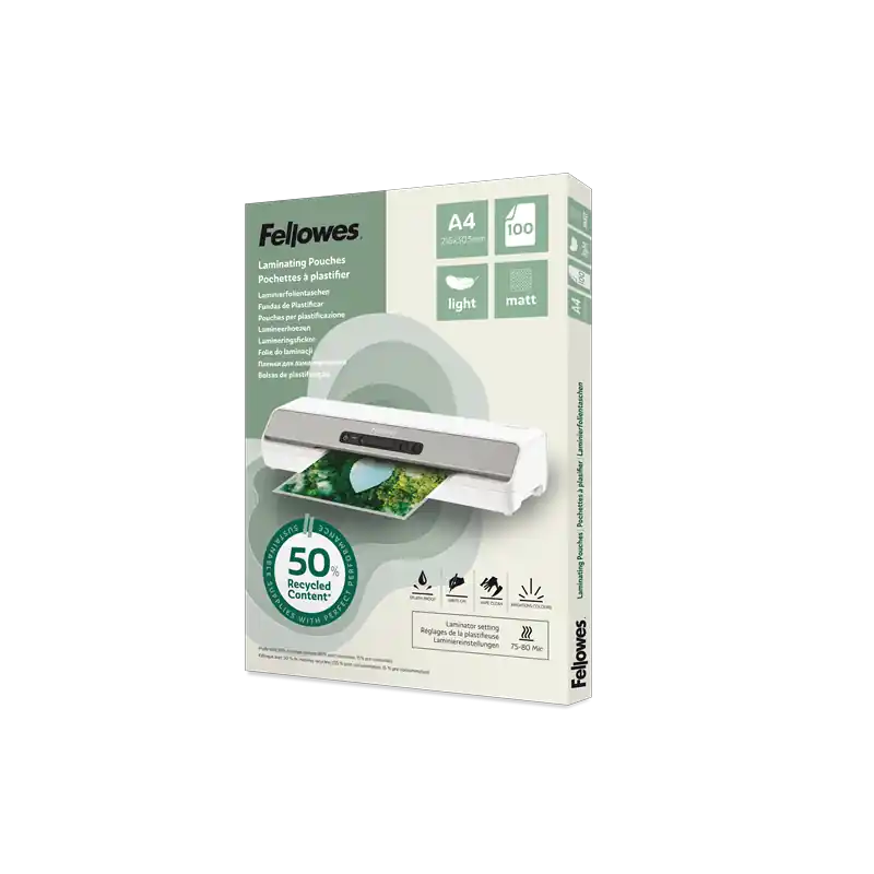 Compra Hoy CAJA 100 FUNDAS DE PLASTIFICAR FELLOWES A4 MATE